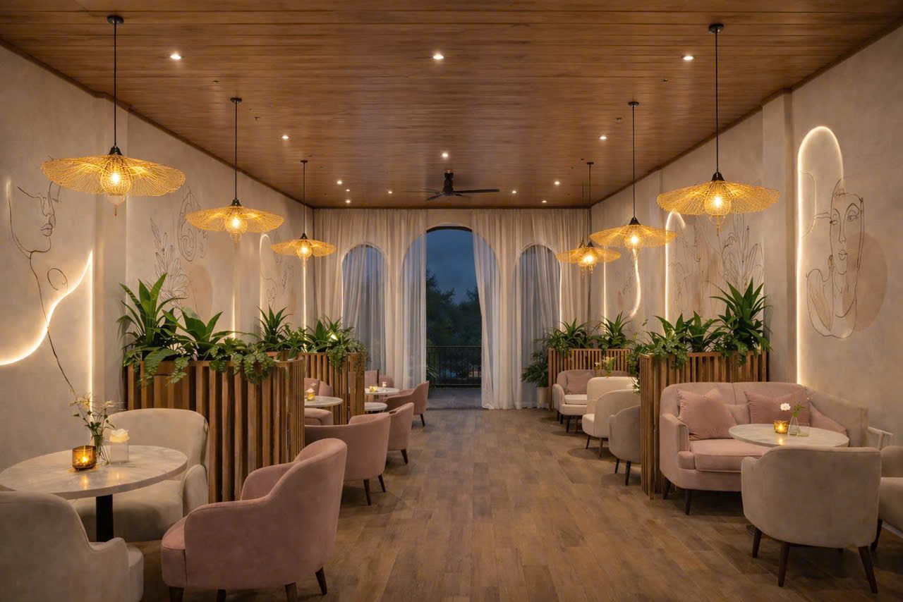 Cà phê — quầy bar, trần gỗ