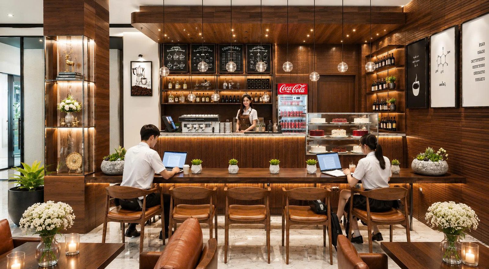 Cà phê — quầy phục vụ khách, không gian làm việc