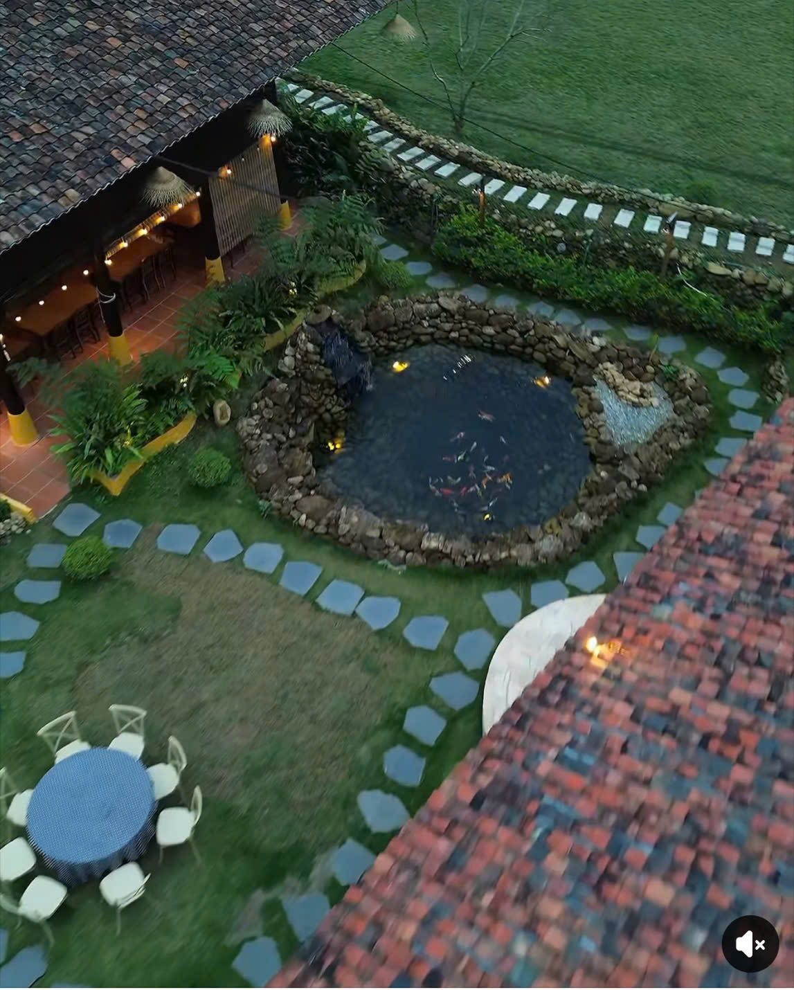 Homestay — toàn cảnh khuôn viên, hồ cá, sân vườn